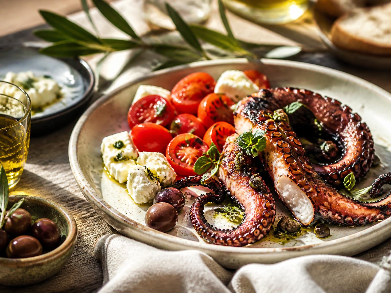 Grilled octopus, tomatoes and feta served on a rustic Athens table