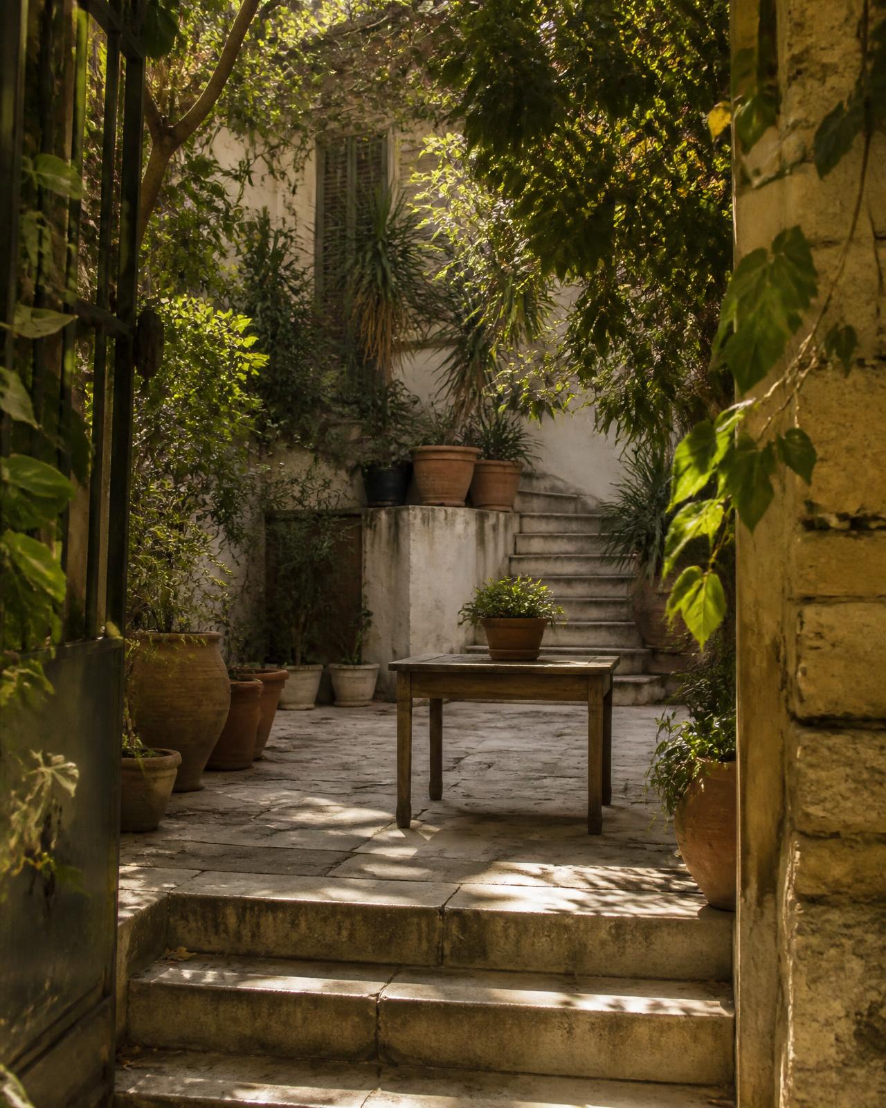 A courtyard behind an unmarked green door