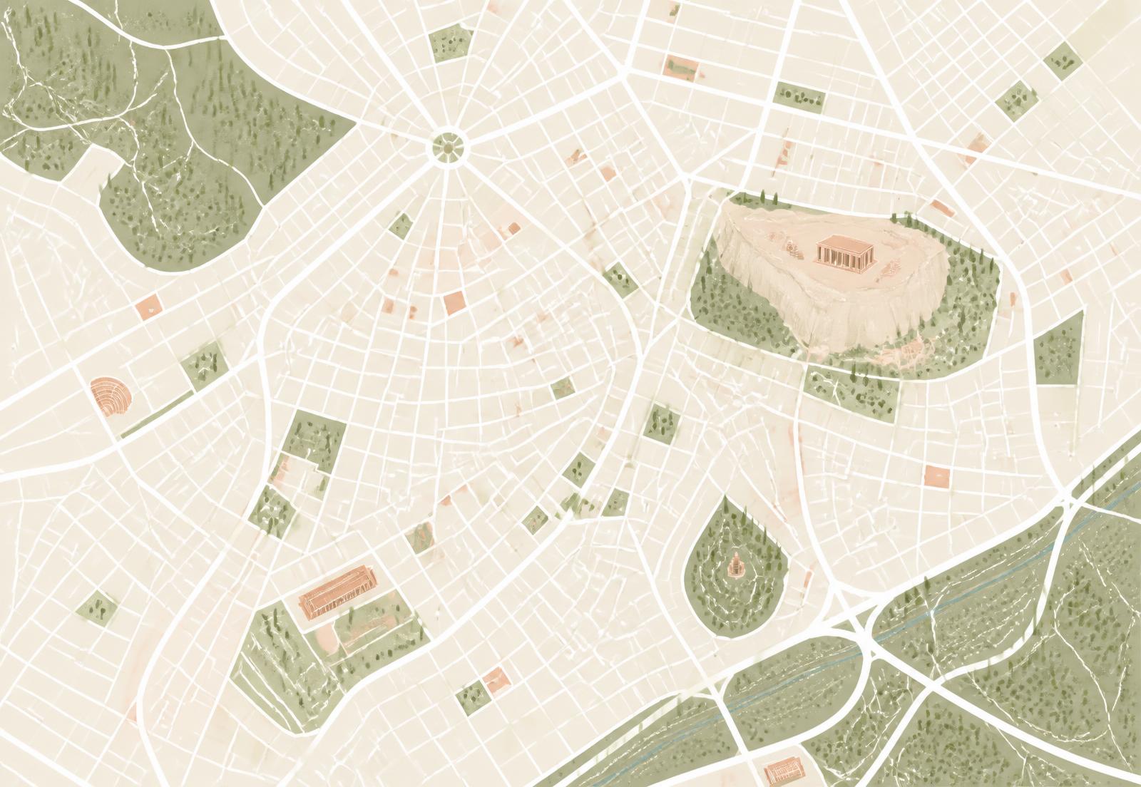 Stylised map of central Athens in cream and olive tones